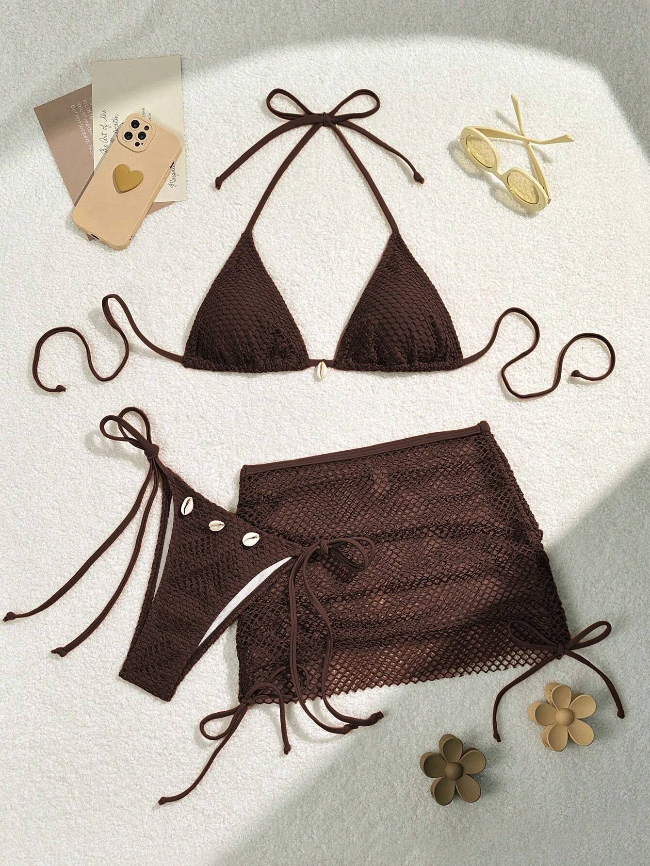 Swim Women'S Vacation Solid Color Halter Bra & Swim Bottom Sexy Bikini Set with Cover up Skirt, 3Pcs, Summer Beach Bathing Suit