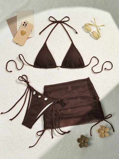 Swim Women'S Vacation Solid Color Halter Bra & Swim Bottom Sexy Bikini Set with Cover up Skirt, 3Pcs, Summer Beach Bathing Suit