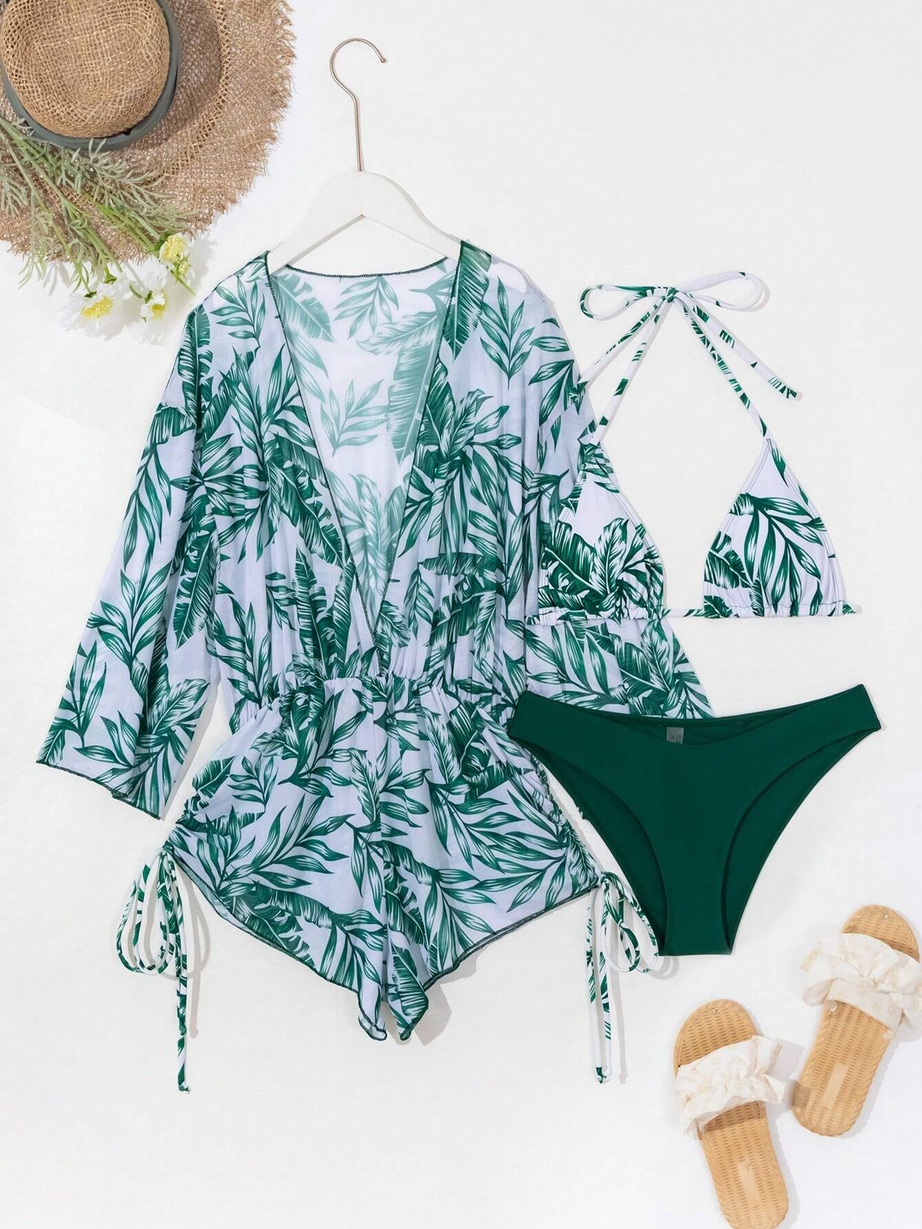 Women'S Summer Beach Tropical Plant Print Halter Neck Tie Bikini Set, with Cover-Up Top and Romper (3Pcs/Set), Random Print