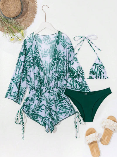 Women'S Summer Beach Tropical Plant Print Halter Neck Tie Bikini Set, with Cover-Up Top and Romper (3Pcs/Set), Random Print