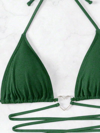 Swim Summer Beach Women'S Bikini Set with Heart-Shaped Buckle Connecting Cross Tie Design Halter Neck Carnival