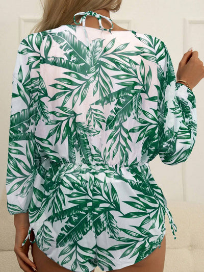 Women'S Summer Beach Tropical Plant Print Halter Neck Tie Bikini Set, with Cover-Up Top and Romper (3Pcs/Set), Random Print