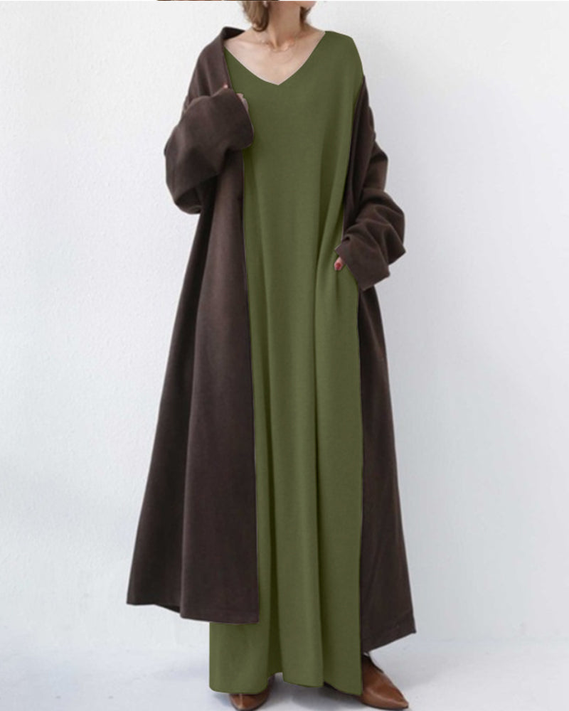 Bonita - Vestido Longo de Manga Longa com Decote em V na Moda