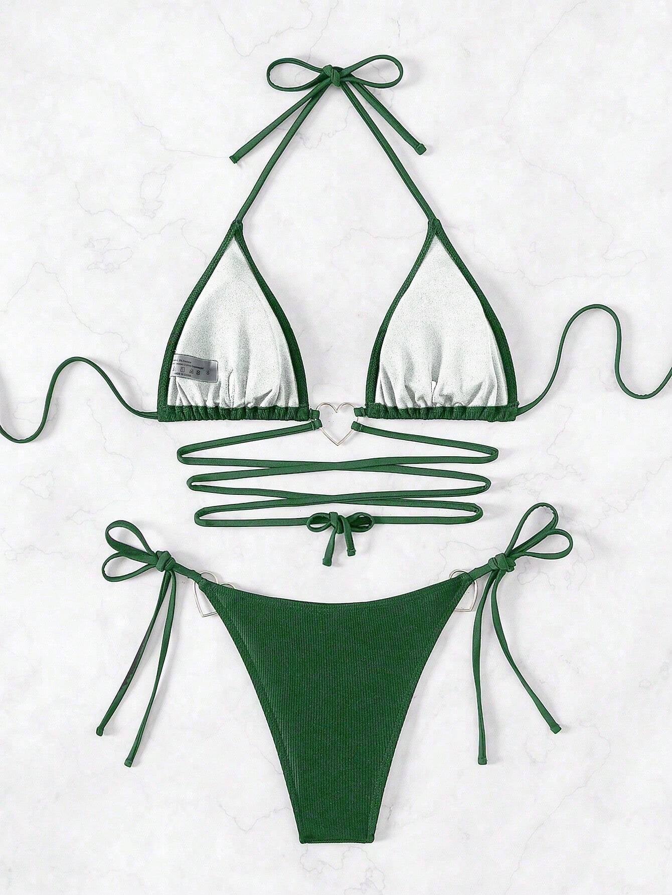 Swim Summer Beach Women'S Bikini Set with Heart-Shaped Buckle Connecting Cross Tie Design Halter Neck Carnival