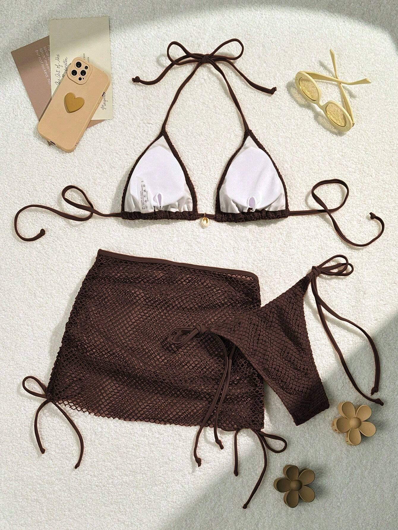 Swim Women'S Vacation Solid Color Halter Bra & Swim Bottom Sexy Bikini Set with Cover up Skirt, 3Pcs, Summer Beach Bathing Suit
