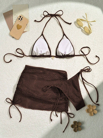 Swim Women'S Vacation Solid Color Halter Bra & Swim Bottom Sexy Bikini Set with Cover up Skirt, 3Pcs, Summer Beach Bathing Suit