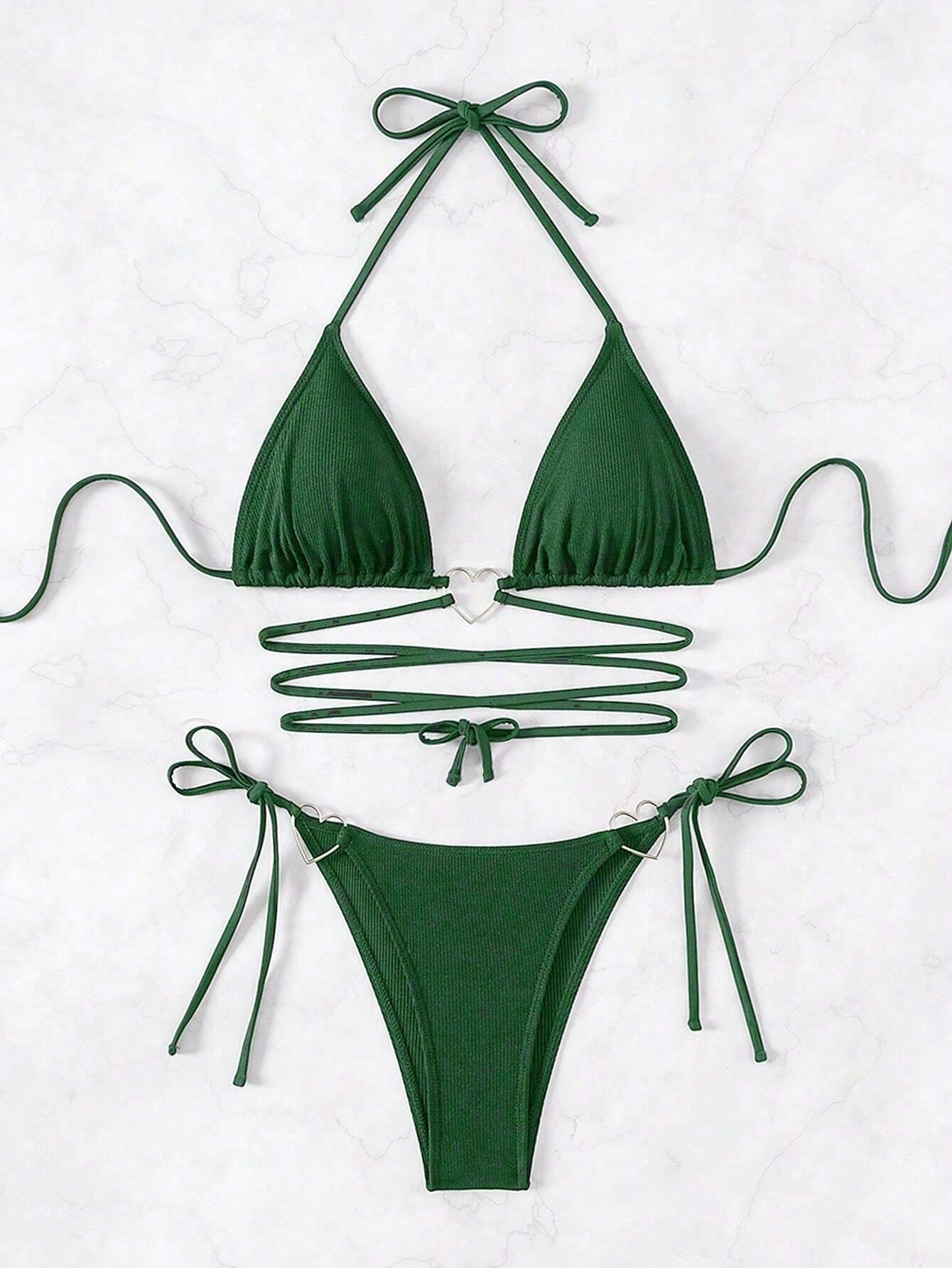 Swim Summer Beach Women'S Bikini Set with Heart-Shaped Buckle Connecting Cross Tie Design Halter Neck Carnival
