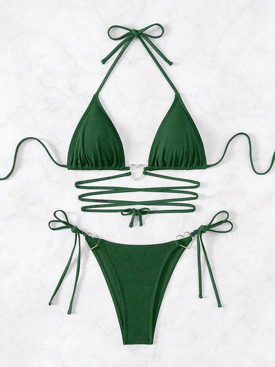 Swim Summer Beach Women'S Bikini Set with Heart-Shaped Buckle Connecting Cross Tie Design Halter Neck Carnival