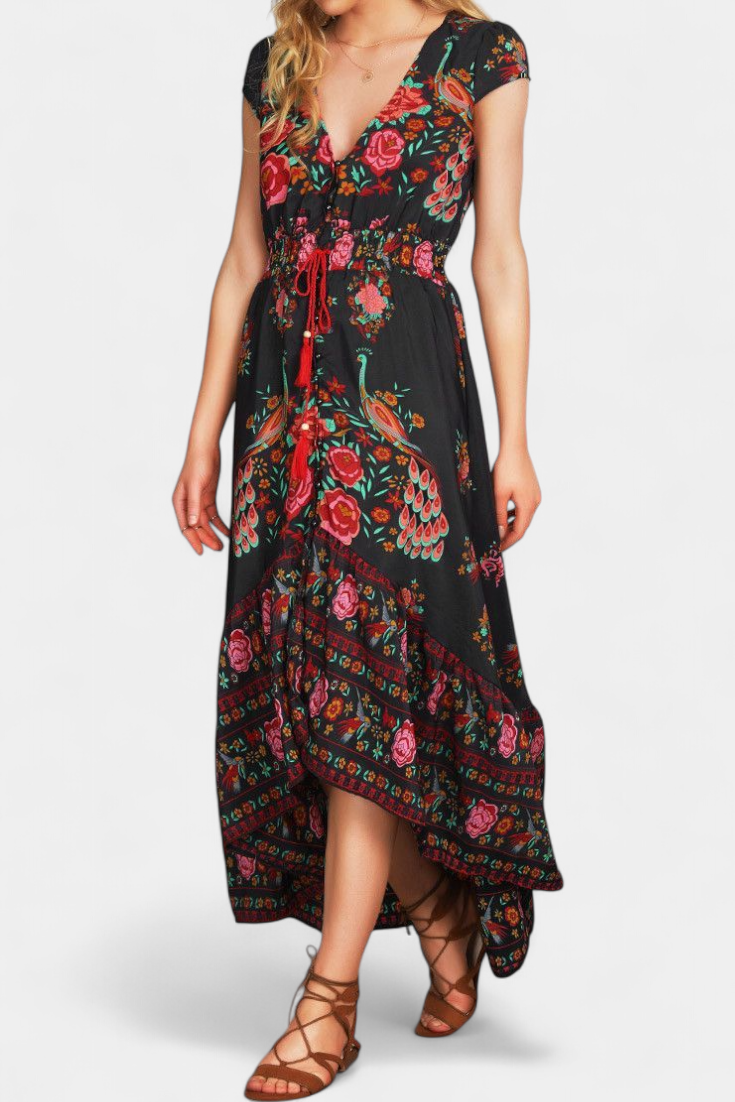 Chiara vestido floral boho chic com cintura ajustável