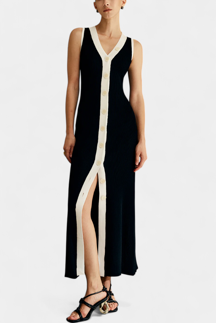 Brielle – Vestido sem mangas com decote em V e botões contrastantes