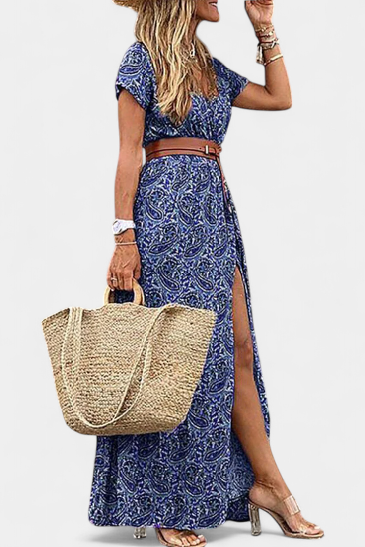 Anfisa – Vestido boho de verão com cinto e decote em V