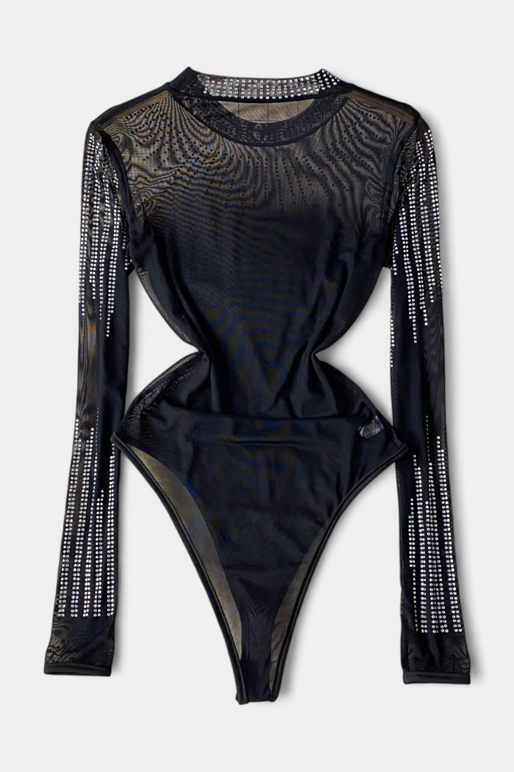 Antonella Body de Tule Transparente com Mangas Longas e Brilhos