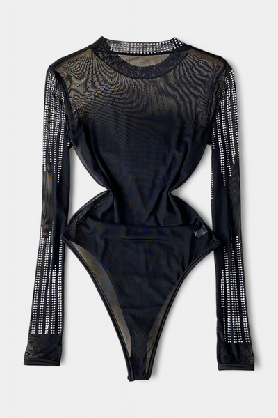 Antonella Body de Tule Transparente com Mangas Longas e Brilhos