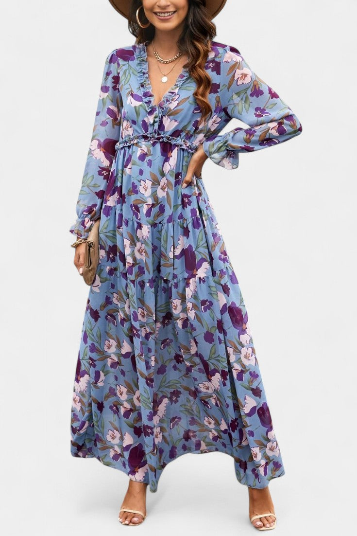 Keti – Vestido maxi floral com manga longa