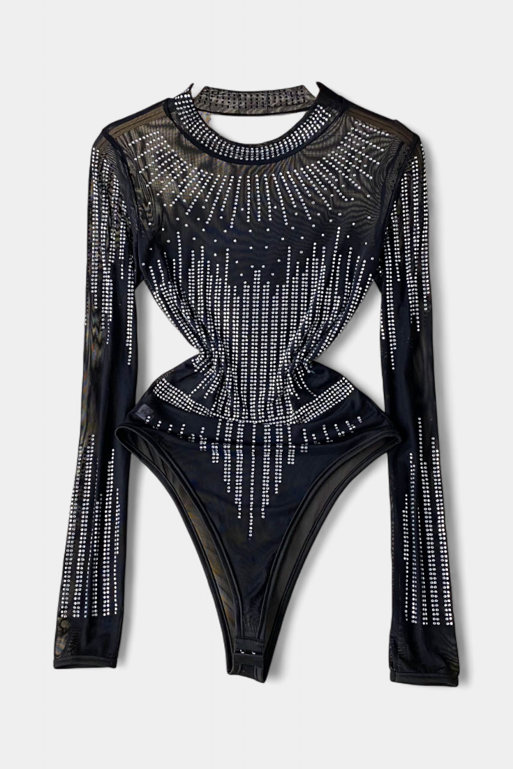Antonella Body de Tule Transparente com Mangas Longas e Brilhos