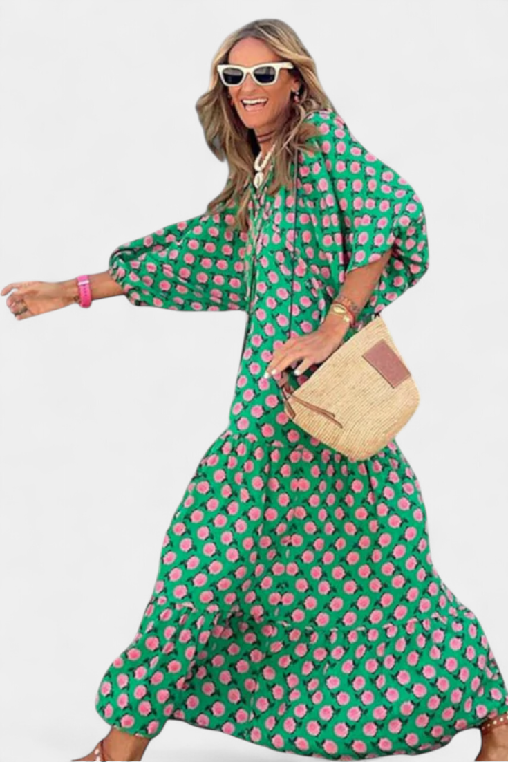 Aroa – Vestido boho com estampa artística e silhueta fluida