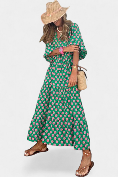 Aroa – Vestido boho com estampa artística e silhueta fluida