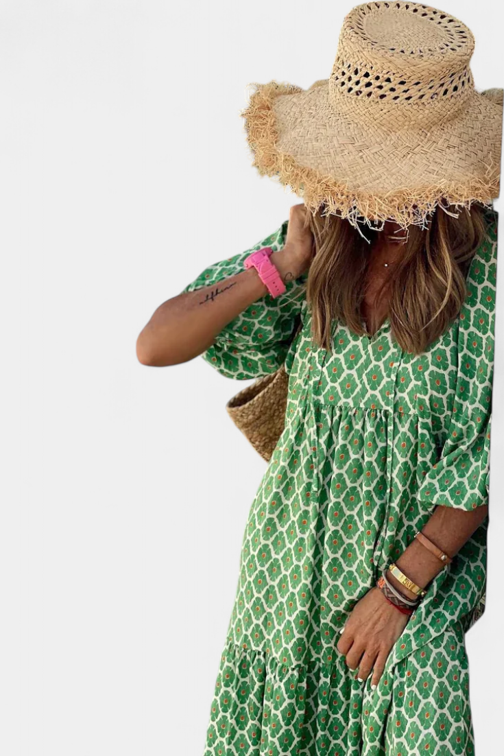 Aroa – Vestido boho com estampa artística e silhueta fluida