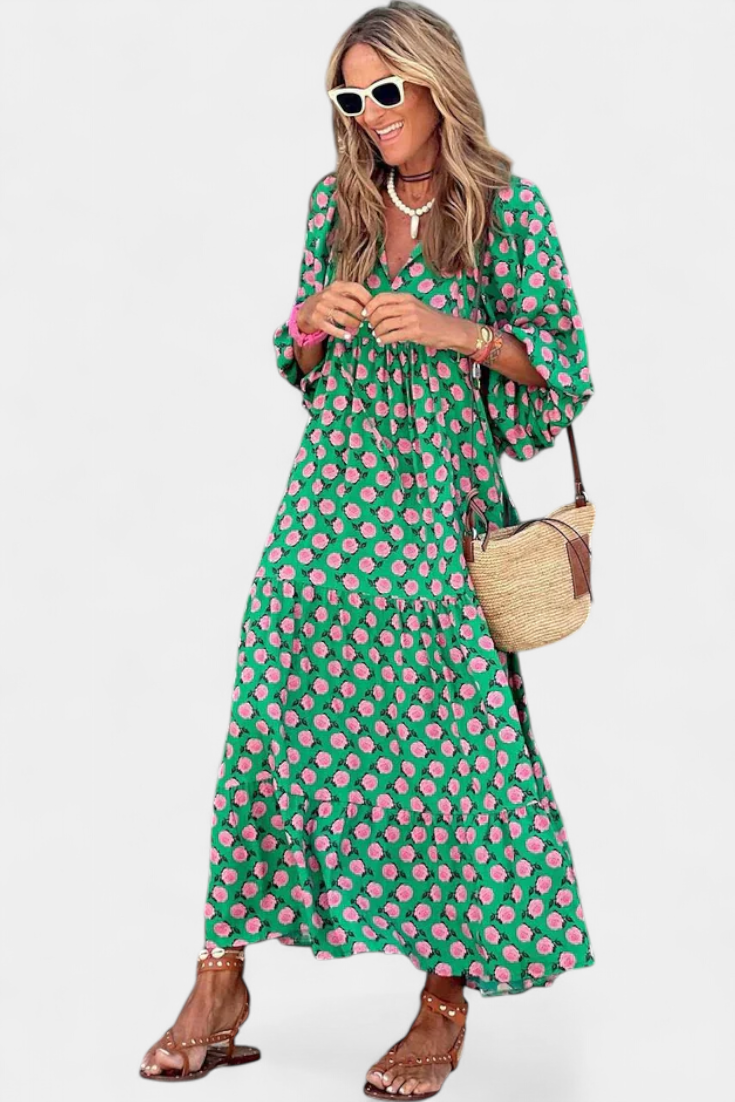 Aroa – Vestido boho com estampa artística e silhueta fluida