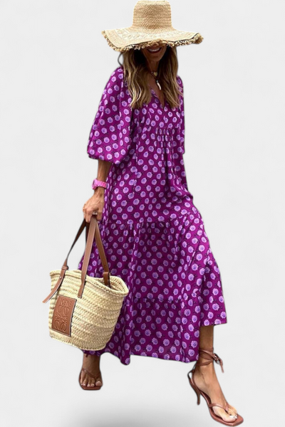 Aroa – Vestido boho com estampa artística e silhueta fluida
