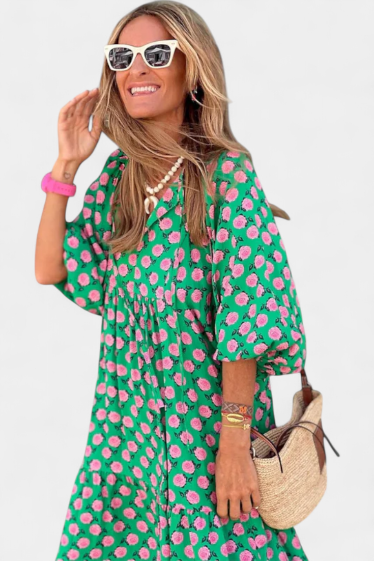 Aroa – Vestido boho com estampa artística e silhueta fluida