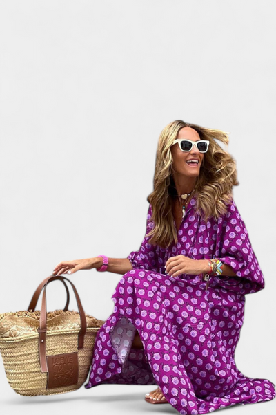 Aroa – Vestido boho com estampa artística e silhueta fluida
