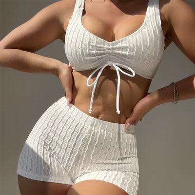 Sexy White High Waist Ribbed Bottom Shorts Swimwear Women Two Piece Bikinis Set Drawstring Swimsuits Bathing Suit Bikini 2024