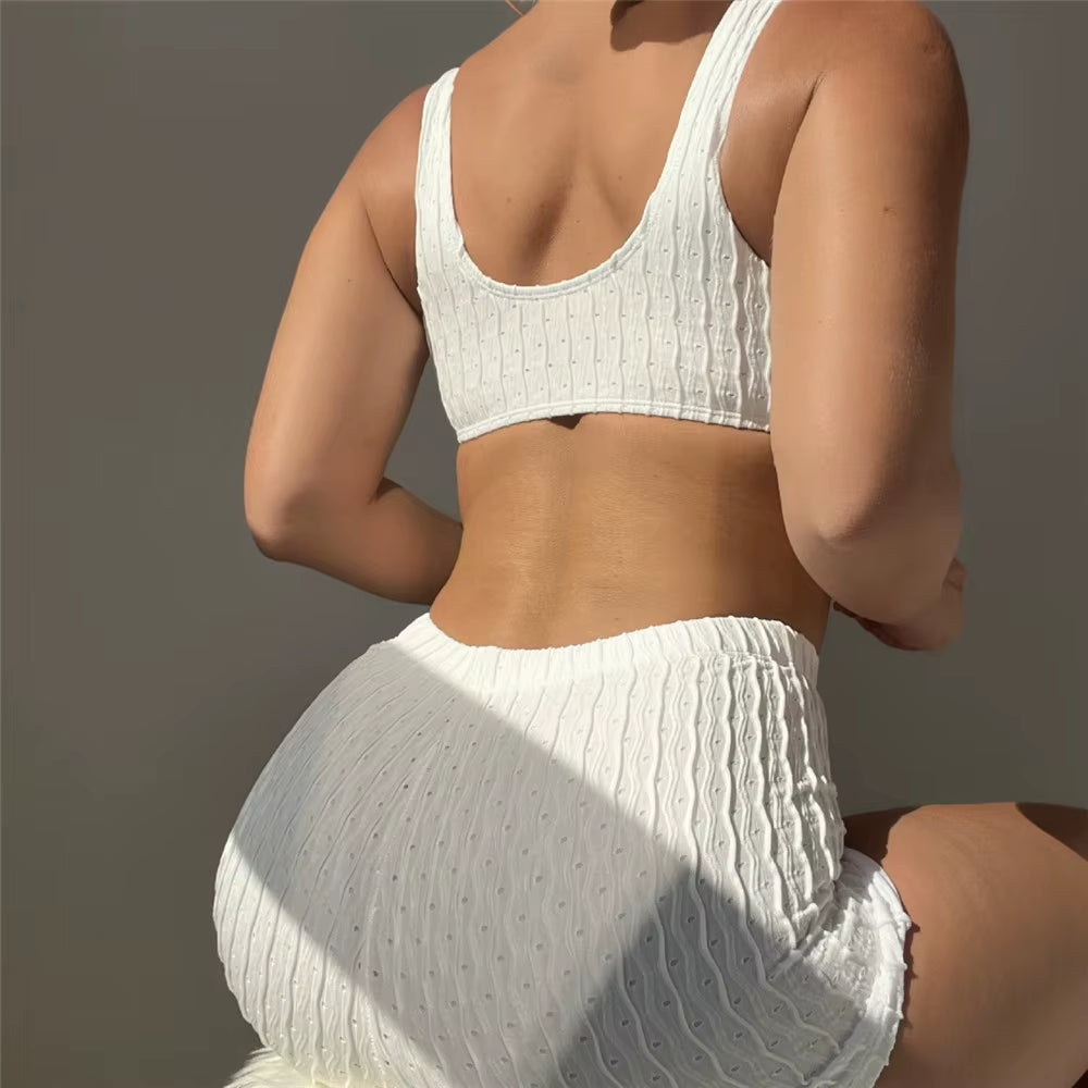 Sexy White High Waist Ribbed Bottom Shorts Swimwear Women Two Piece Bikinis Set Drawstring Swimsuits Bathing Suit Bikini 2024