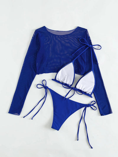 Swim Summer Beach 3Packs Solid Halter Triangle Bikini & Cover up Top Women Two Pieces Blue Swimwear