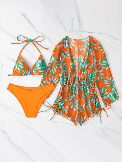 3Packs Random Tropical Print Halter Drawstring Side Summer Beach Bikini Set
