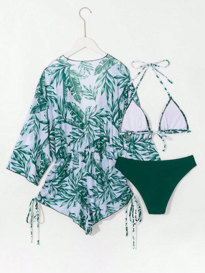 Women'S Summer Beach Tropical Plant Print Halter Neck Tie Bikini Set, with Cover-Up Top and Romper (3Pcs/Set), Random Print