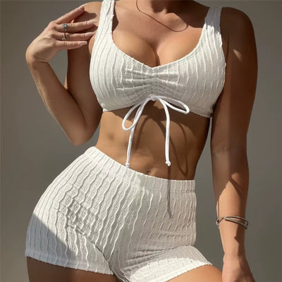 Sexy White High Waist Ribbed Bottom Shorts Swimwear Women Two Piece Bikinis Set Drawstring Swimsuits Bathing Suit Bikini 2024
