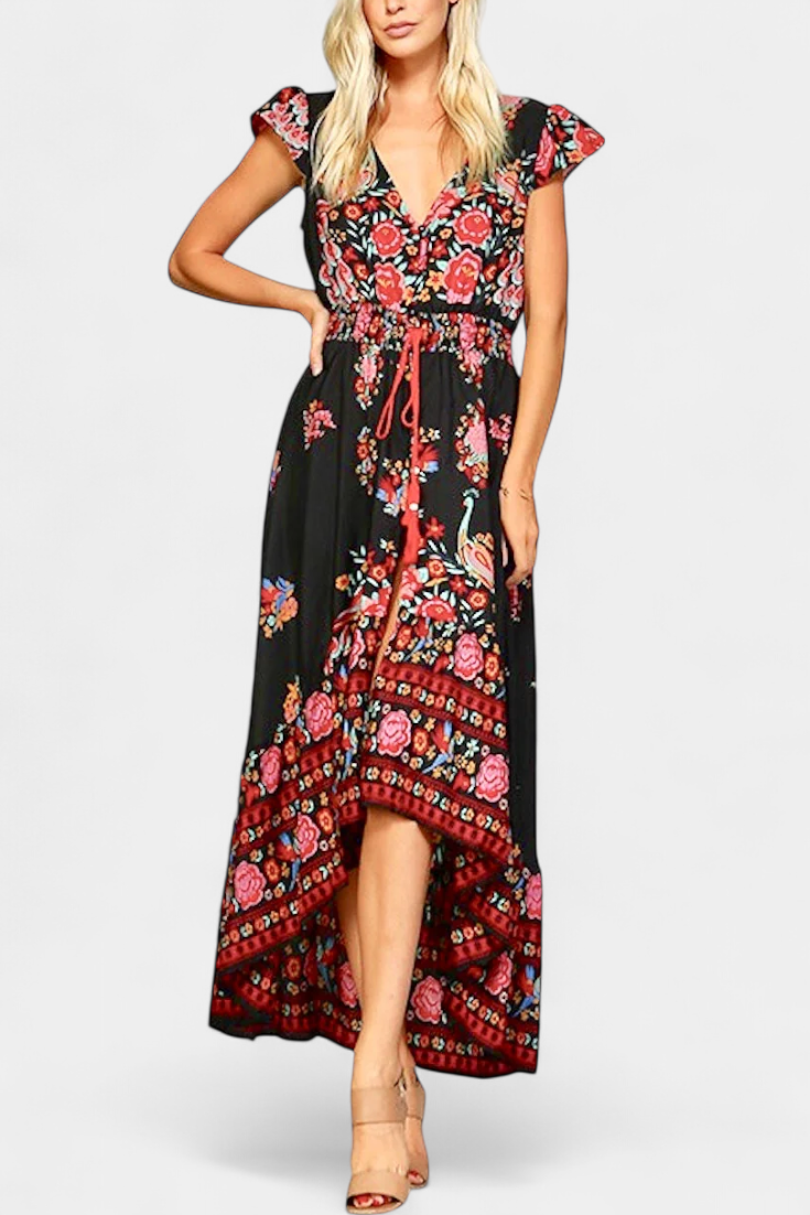 Chiara vestido floral boho chic com cintura ajustável