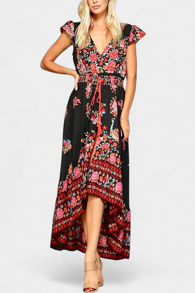 Chiara vestido floral boho chic com cintura ajustável