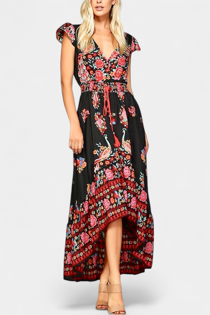 Chiara vestido floral boho chic com cintura ajustável