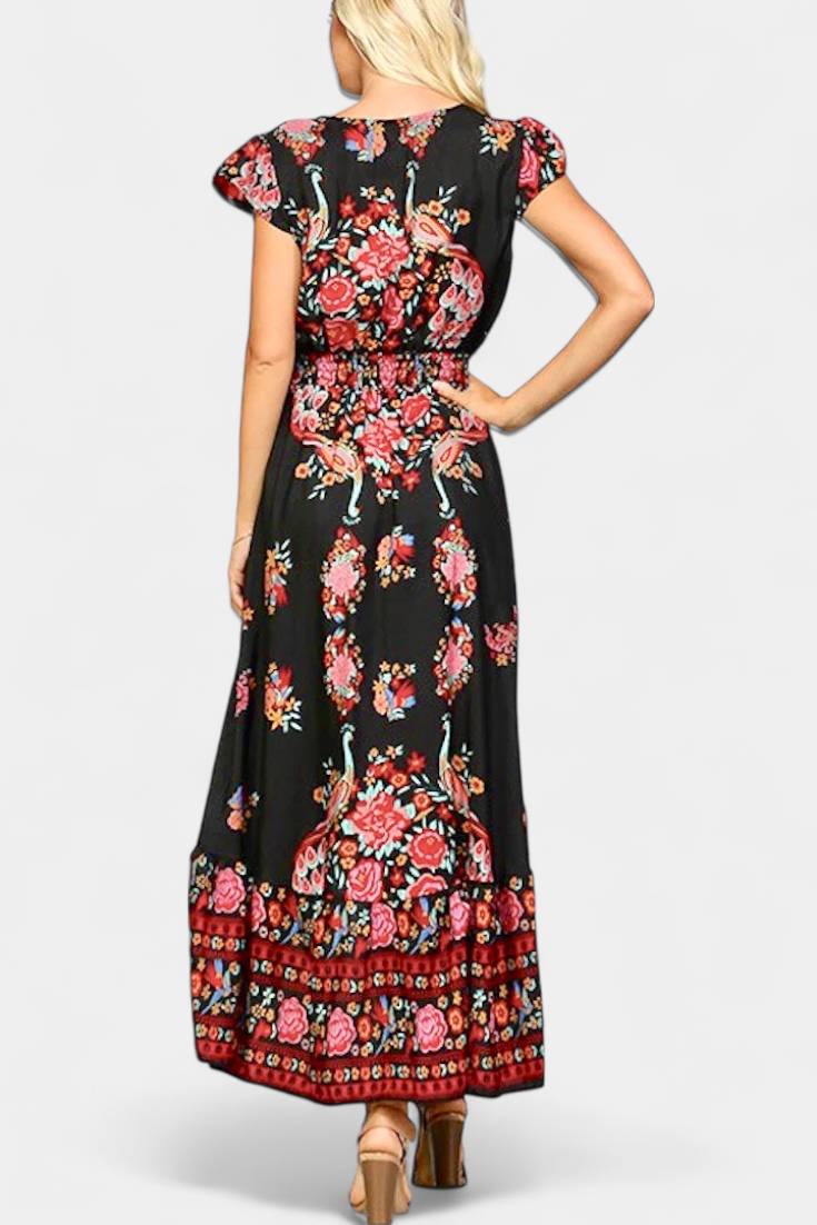 Chiara vestido floral boho chic com cintura ajustável