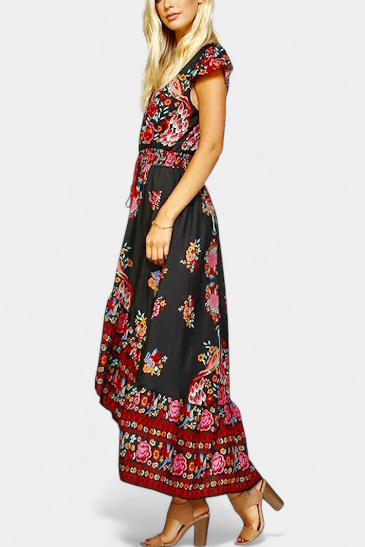 Chiara vestido floral boho chic com cintura ajustável