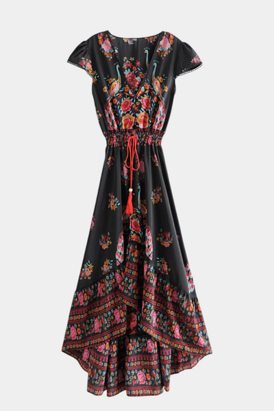 Chiara vestido floral boho chic com cintura ajustável