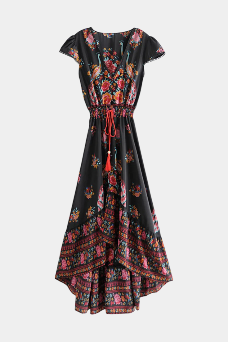 Chiara vestido floral boho chic com cintura ajustável