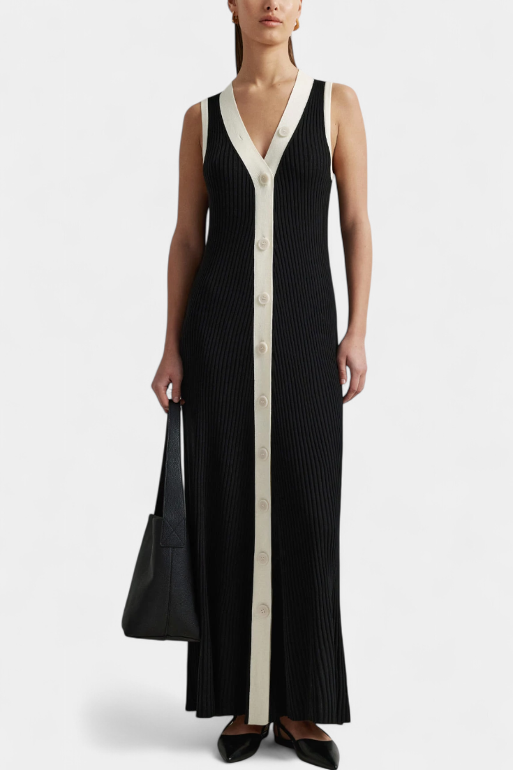 Brielle – Vestido sem mangas com decote em V e botões contrastantes