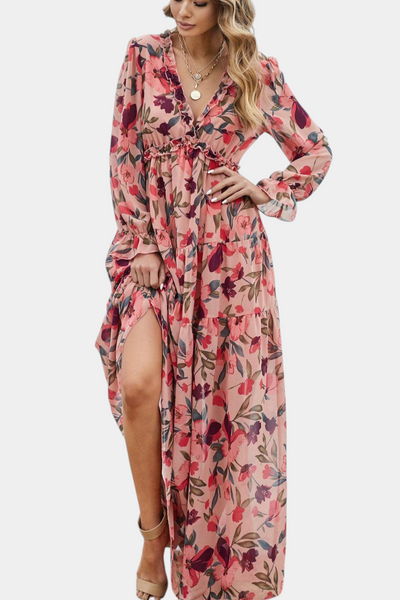 Keti – Vestido maxi floral com manga longa