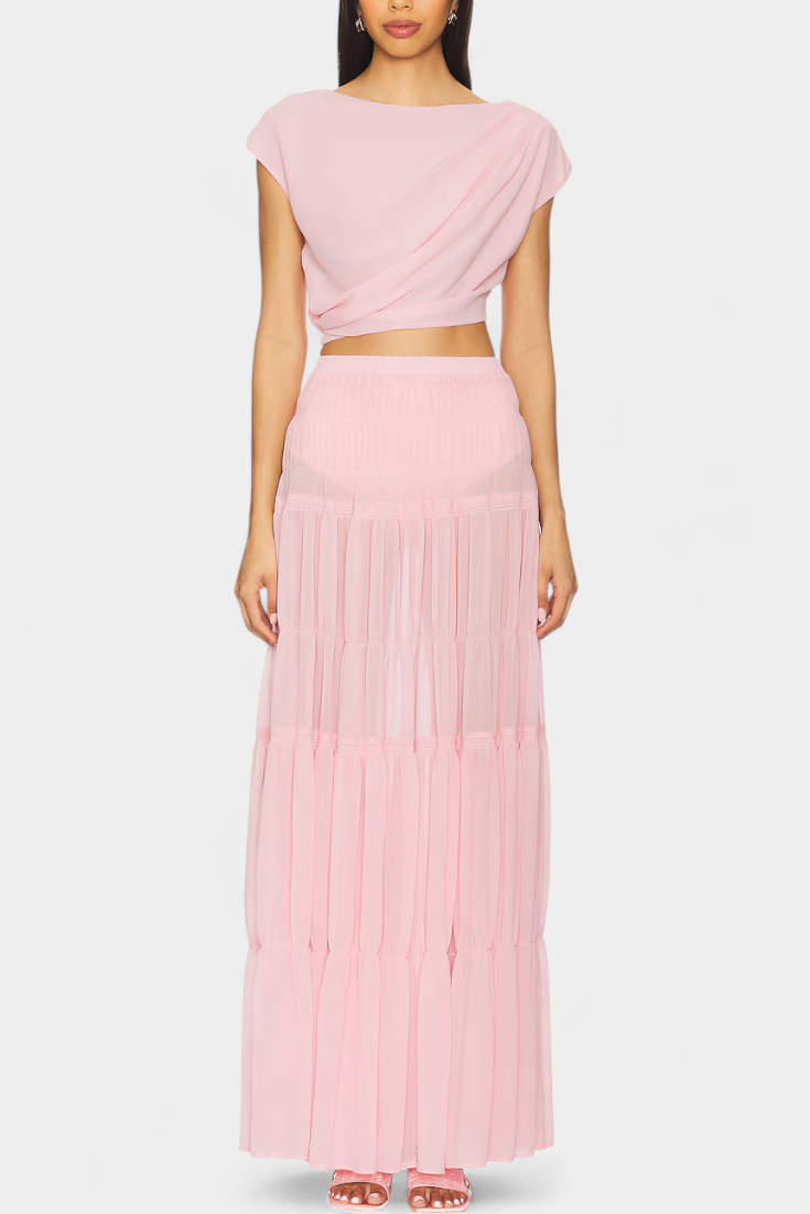 Nalia – Saia longa de chiffon com cintura elástica e camadas